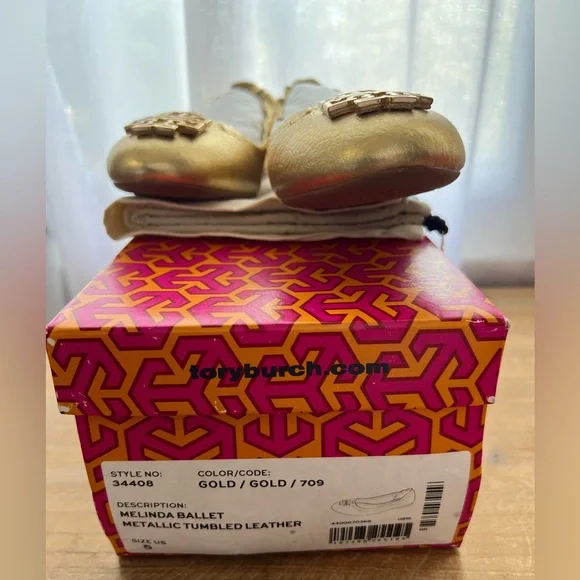 Tory Burch Melinda Ballet Flat In Gold Size 5 New - Picture 2 of 7